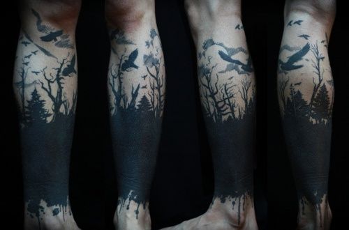 Black Forest Scenery Tattoo Design For Leg