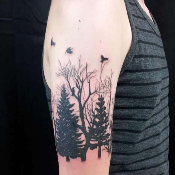 Black Forest Scenery Tattoo On Left Half Sleeve