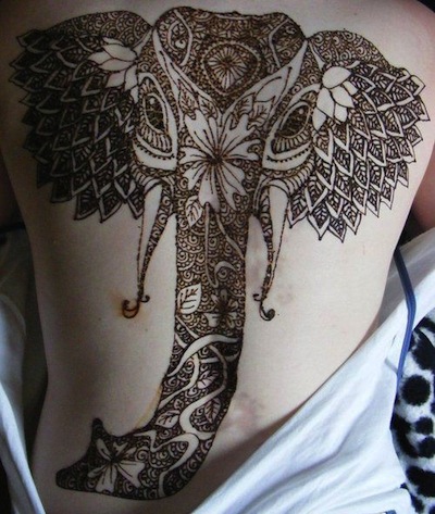 Black Henna Elephant Tattoo On Full Back