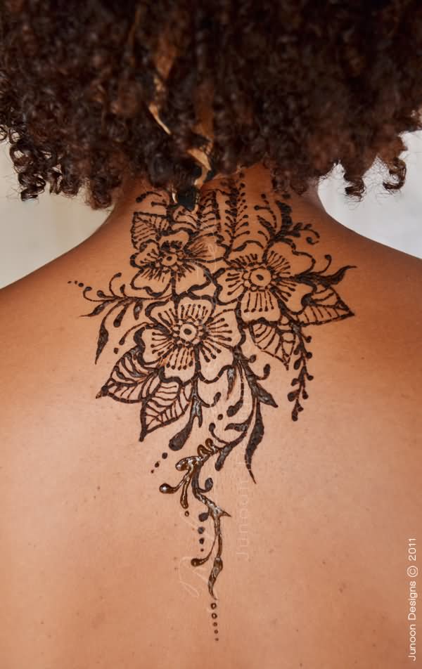 Black Henna Flowers Tattoo Design For Upper Back