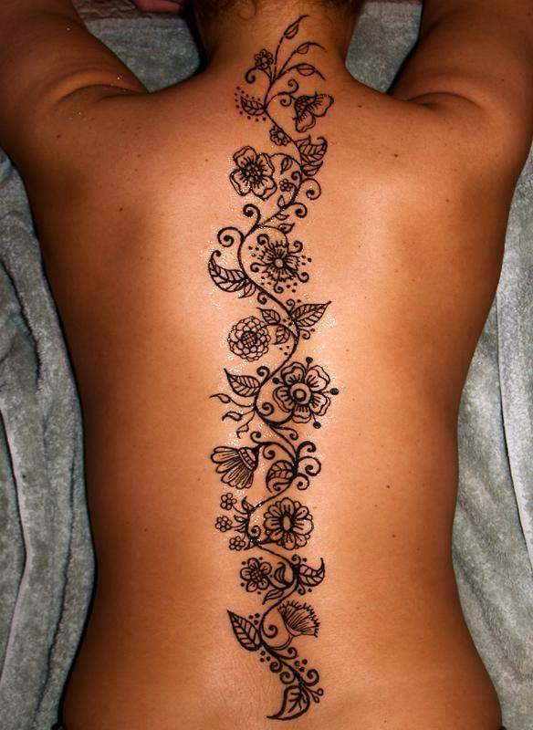 Black Henna Flowers Tattoo On Full Back