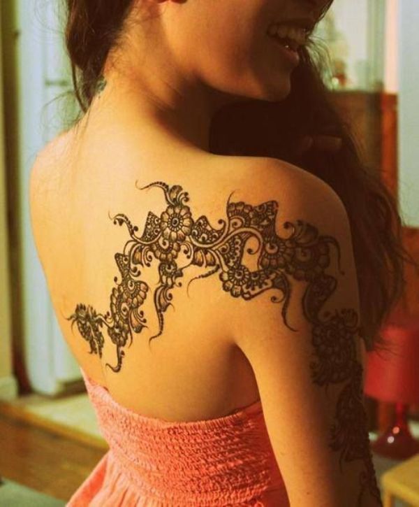 Black Henna Flowers Tattoo On Girl Right Back Shoulder By Divya