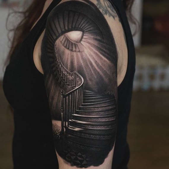 Black Ink 3D Spiral Staircase Scenery Tattoo On Girl Left Half Sleeve