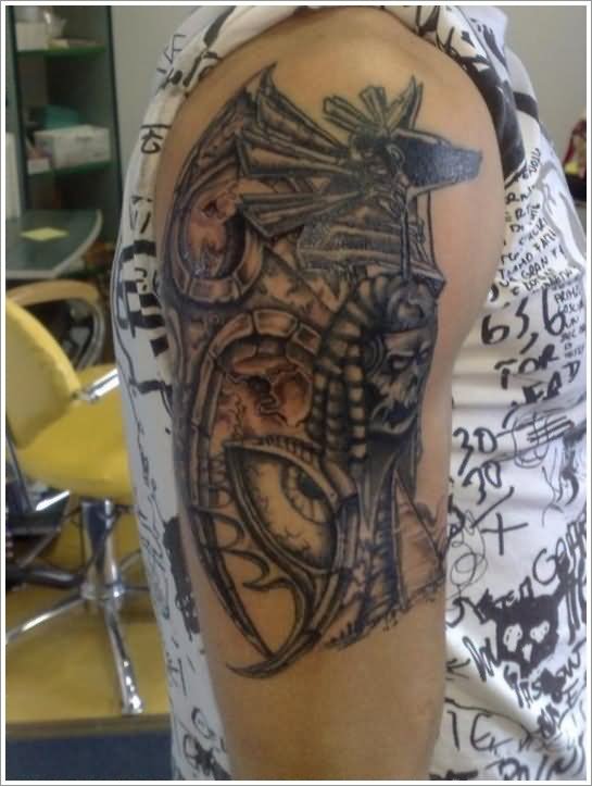 Black Ink Anubis Tattoo On Half Sleeve