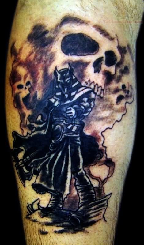 Black Ink Anubis Tattoo On Leg