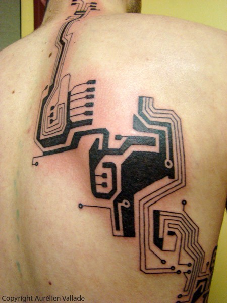 Black Ink Electronic Chip Circuit Geek Tattoo On Back