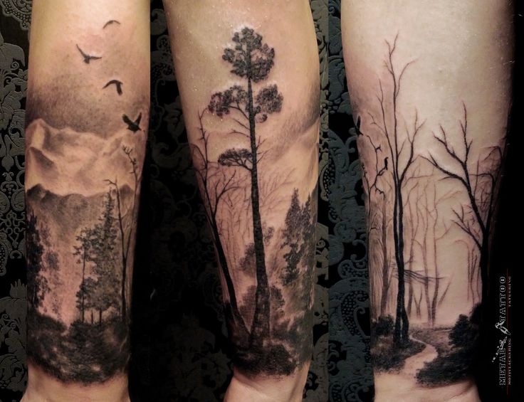 Black Ink Forest Scenery Tattoo On Forearm