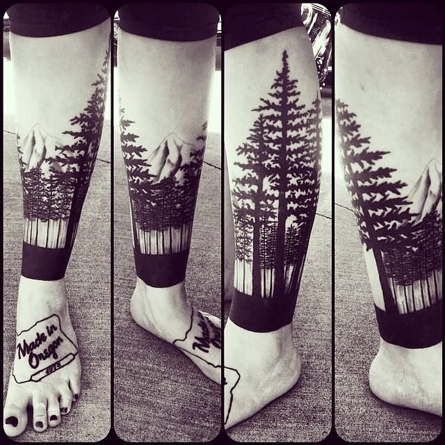 Black Ink Forest Scenery Tattoo On Girl Leg