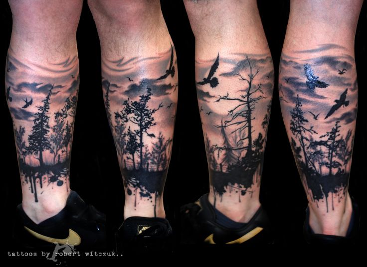 Black Ink Forest Scenery Tattoo On Leg