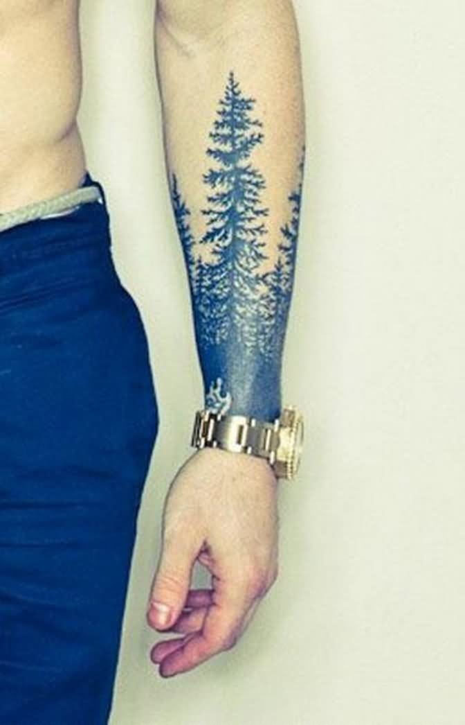 Black Ink Forest Scenery Tattoo On Man Left Forearm