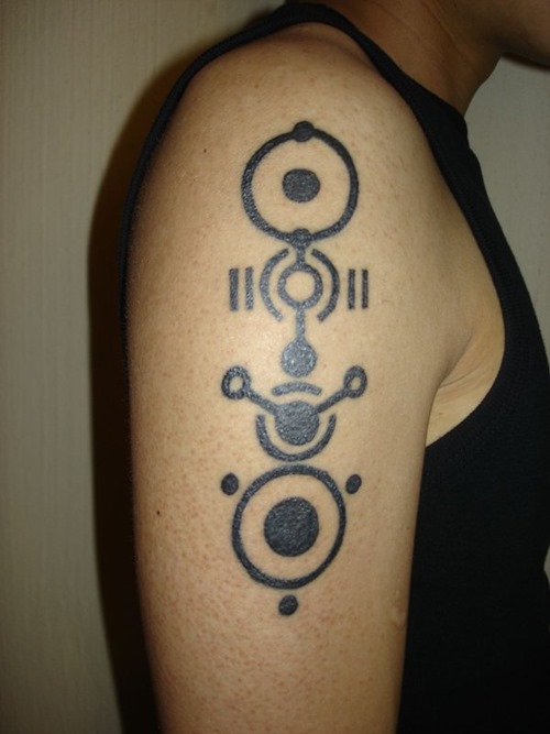 Black Ink Geek Tattoo On Man Right Half Sleeve