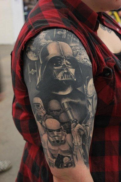 Black Ink Geek Tattoo On Right Half Sleeve