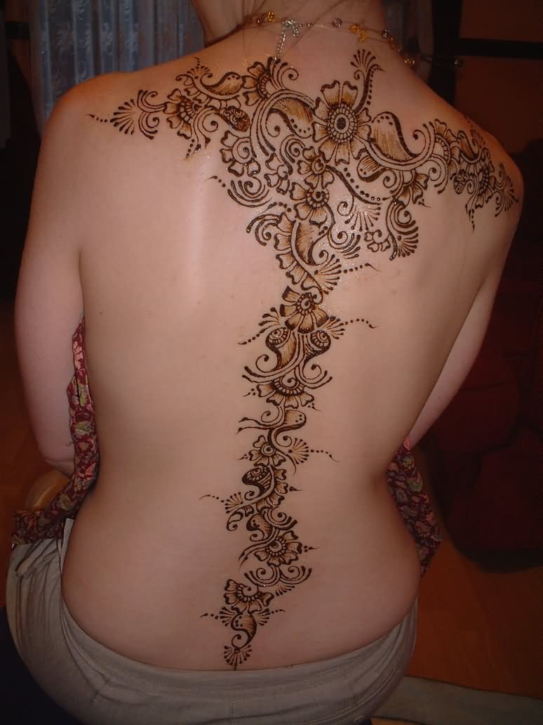 Black Ink Henna Flowers Tattoo On Full Back By Chetan