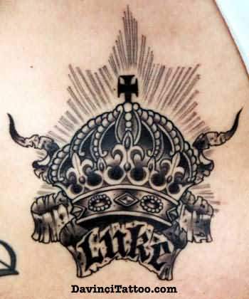 Black Ink King Crown With Banner Tattoo Design