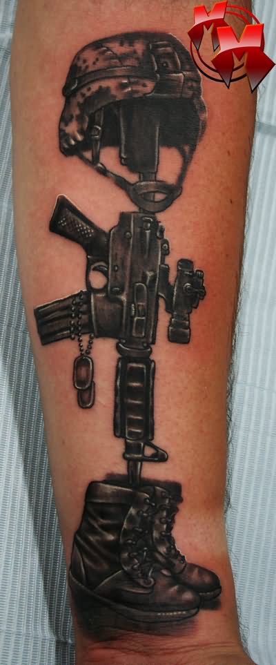 Black Ink Memorial Military Boots Rifle Helmet Tattoo Design For Forearm