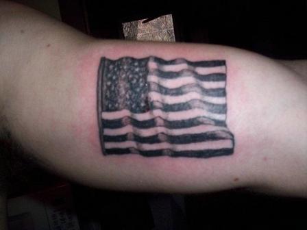 Black Ink Military Flag Tattoo Design For Half Sleeve