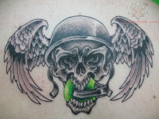 Black Ink Military Skull With Wings Tattoo Design