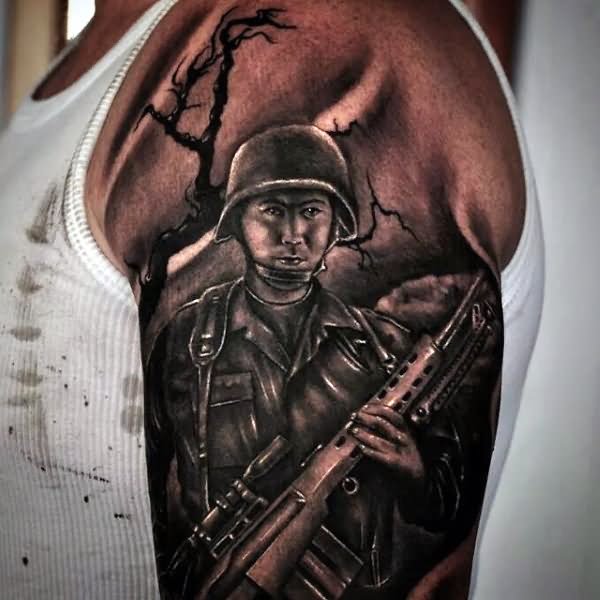 Black Ink Military Soldier Tattoo On Half Sleeve