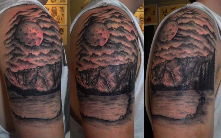 Black Ink Scenery Tattoo On Man Right Shoulder