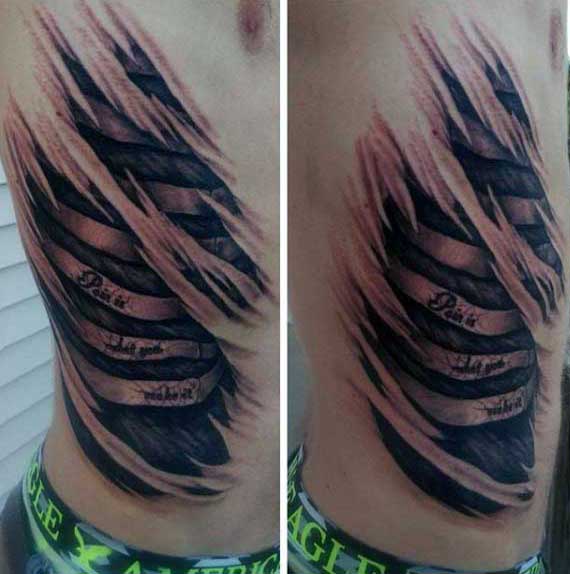 Black Ink Torn Ripped Skin Rib Cage Tattoo On Side Rib