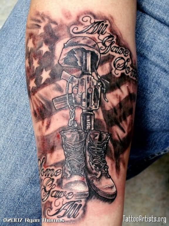 Black Ink USA Flag With Memorial Military Boots Rifle Helmet Tattoo Design
