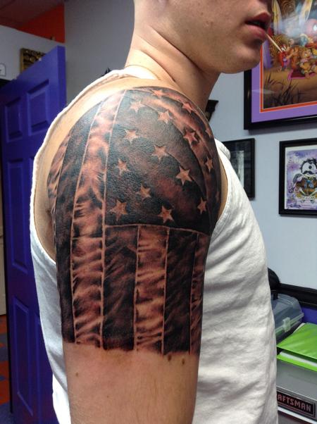 Black Ink USA Military Flag Tattoo On Man Right Shoulder
