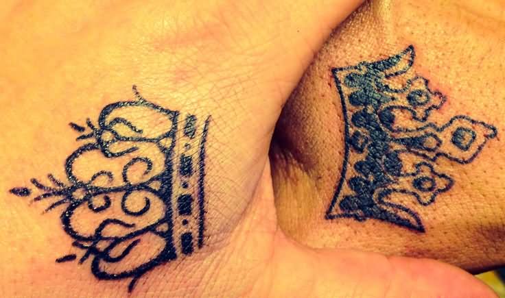 Black King And Queen Tattoo On Couple Hand