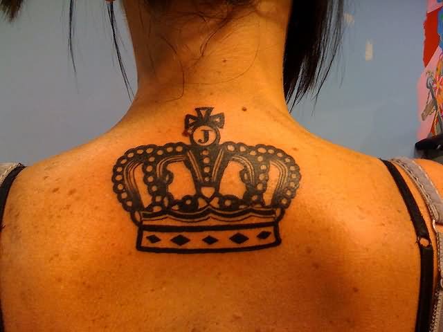 Black King Crown Tattoo On Girl Upper Back