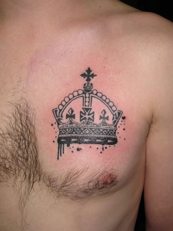 Black King Crown Tattoo On Man Chest