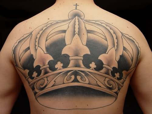 Black King Crown Tattoo On Upper Back