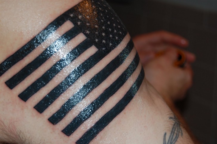 Black Military Flag Tattoo Design For Shoulder