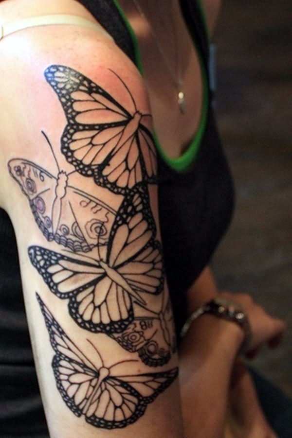 Black Outline Butterflies Scenery Tattoo On Right Half Sleeve