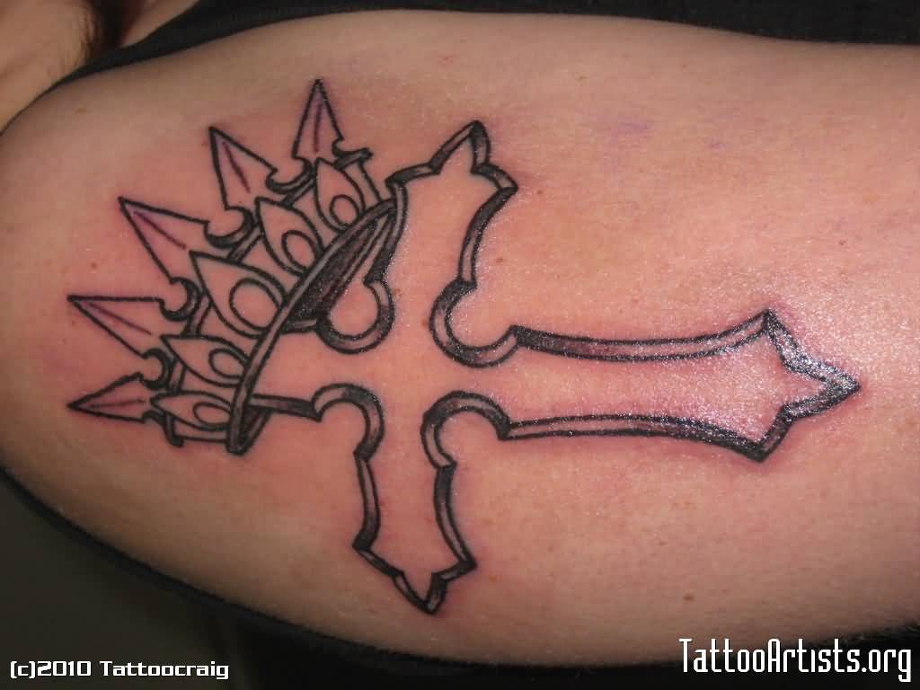 Black Outline Cross With King Crown Tattoo Design For Half Sleeve