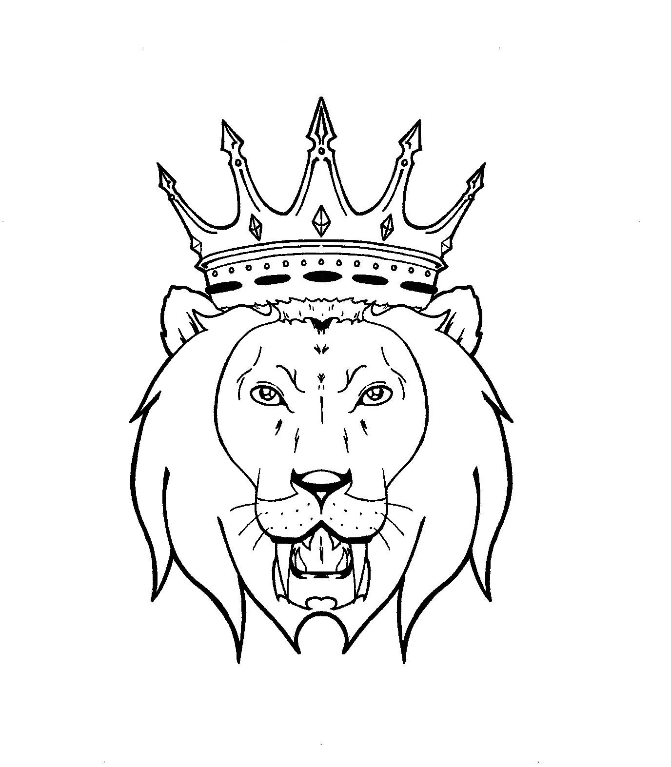 Black Outline King Crown On Lion Head Tattoo Stencil