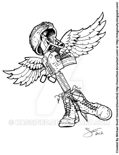 Black Outline Memorial Military Boots Rifle Helmet With Wings Tattoo Stencil