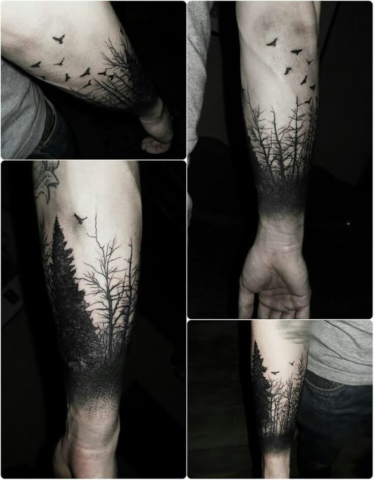 Black Tree With Flying Birds Scenery Tattoo On Arm