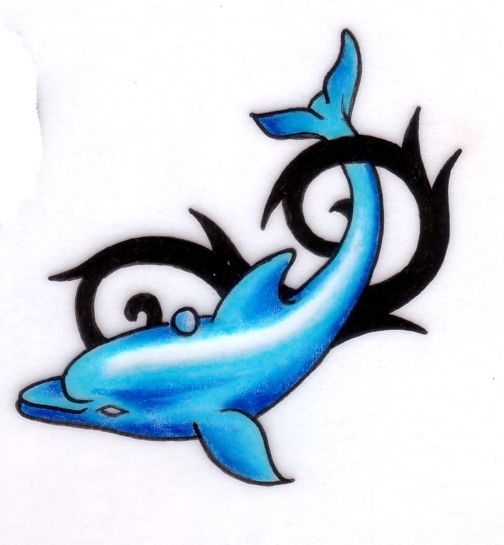 Black Tribal And Blue Dolphin Tattoo Design