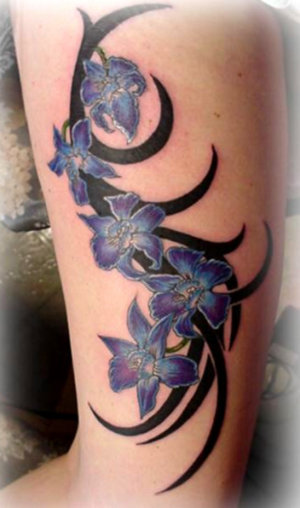 Black Tribal And Blue Orchid Tattoos On Half Sleeve
