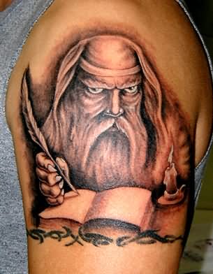 Black Tribal Wizard Tattoo On Left Shoulder