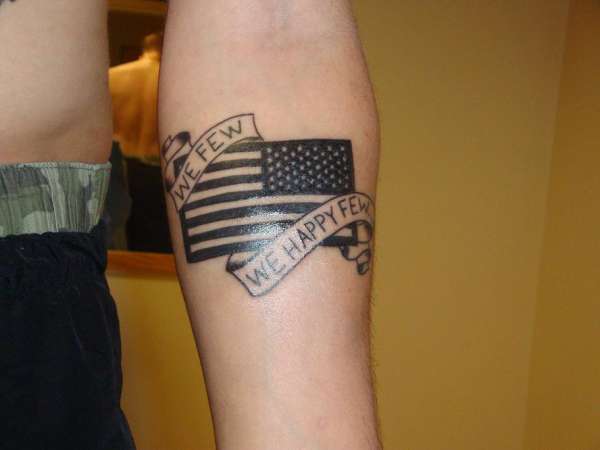 Black USA Military Flag With Banner Tattoo On Forearm