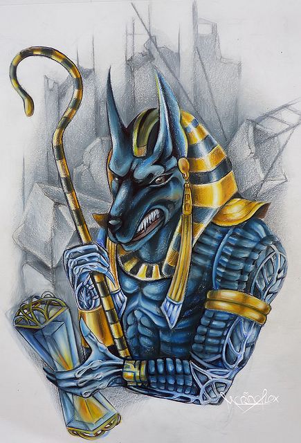 Blue Color Traditional Anubis Tattoo Design
