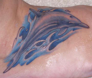 Blue Dolphin Tattoo On Front Shoulder