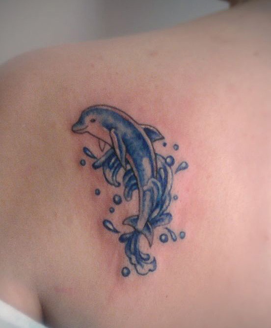 Blue Dolphin Tattoo On Left Back Shoulder