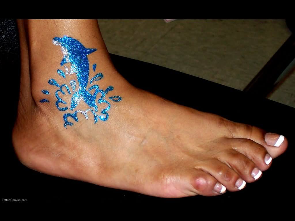 Blue Glitter Dolphin Tattoo On Right Foot