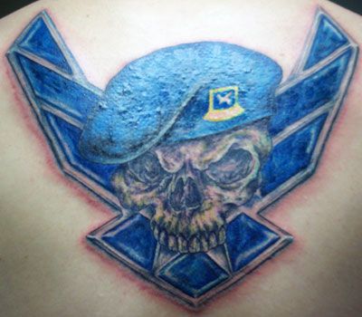 Blue Ink Air Force Military Logo With Skull Tattoo Design