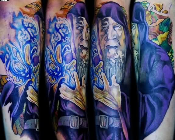 Blue Ink Wizard Tattoo On Sleeve