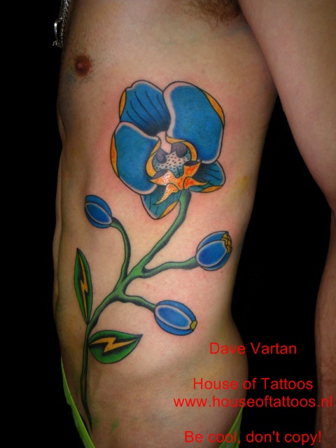 Blue Orchid Tattoo On Side Rib