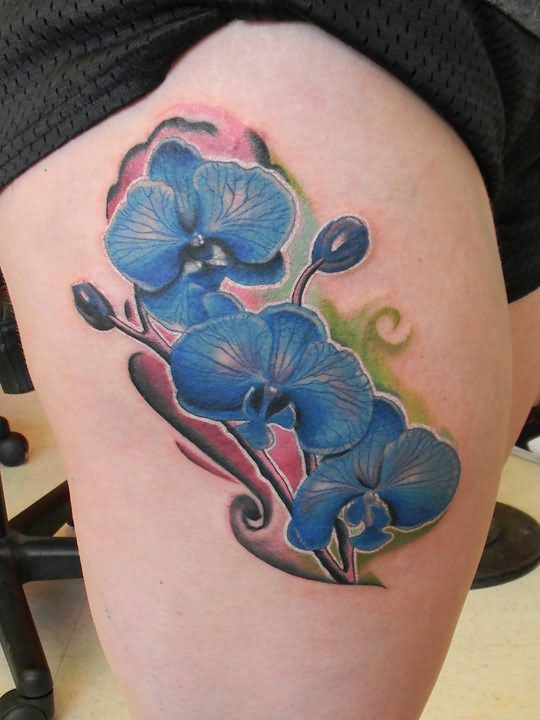 Blue Orchid Tattoos On Side Thigh