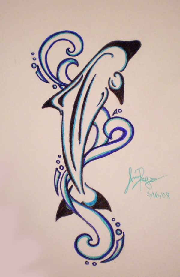 Blue Outline Dolphin Tattoos Design