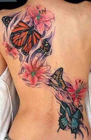 Butterfly And Orchid Tattoos On Full Back